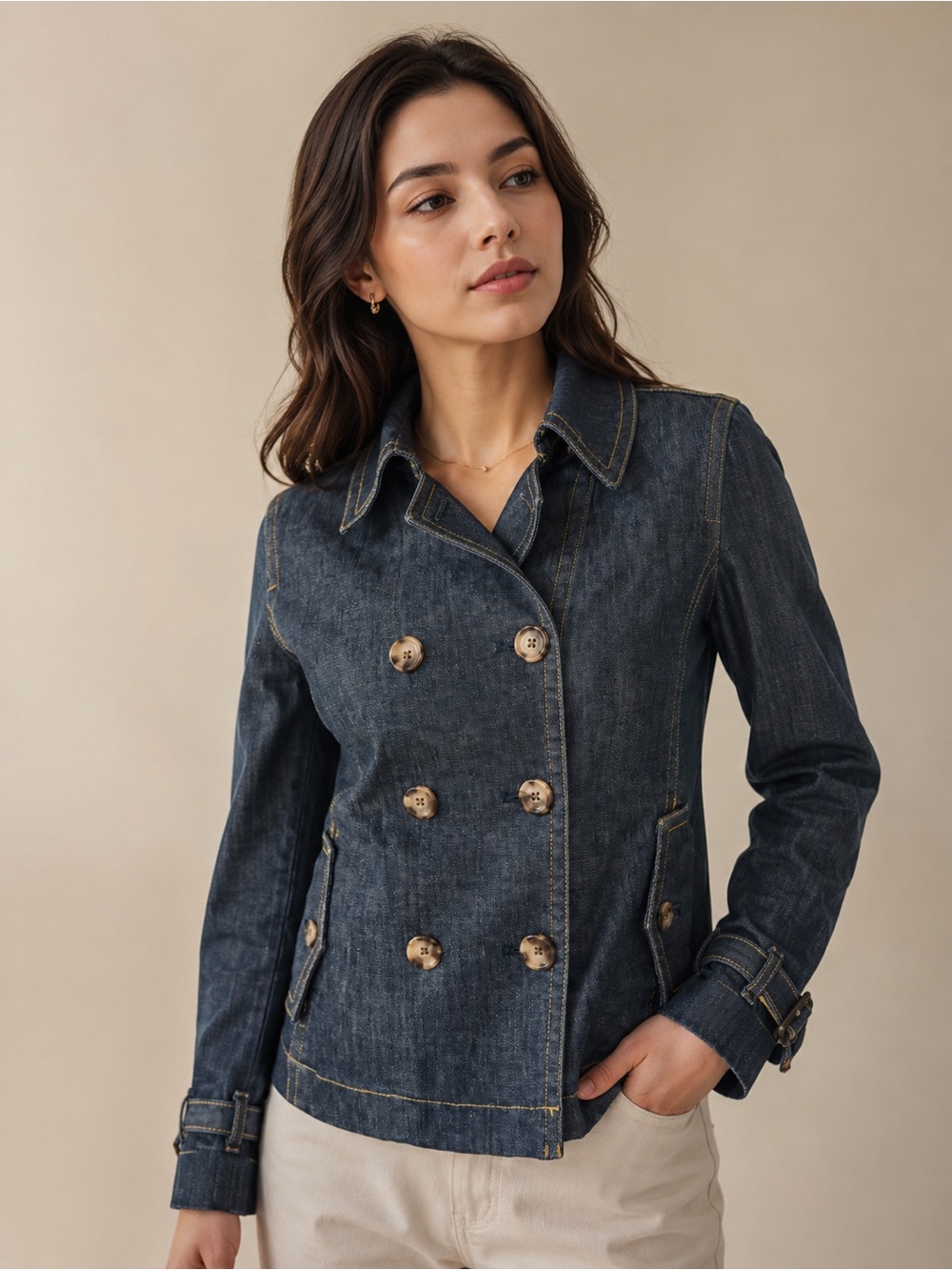 Ann Taylor Denim Double Breasted Jacket Dark Wash Belted Cuffs US XS